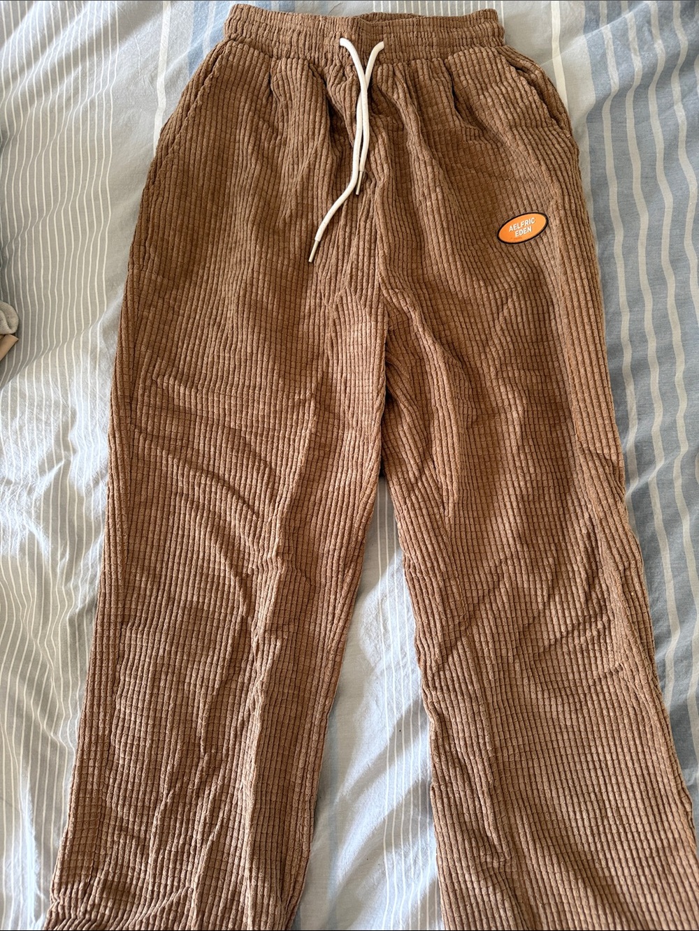 Brown Corduroy Drawstring Pants with Patch